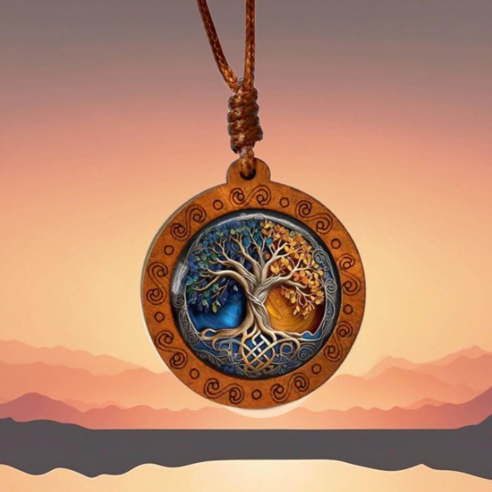 Tree of Life Necklace Blue Orange Wood Glass on a Rope Men Women Teens